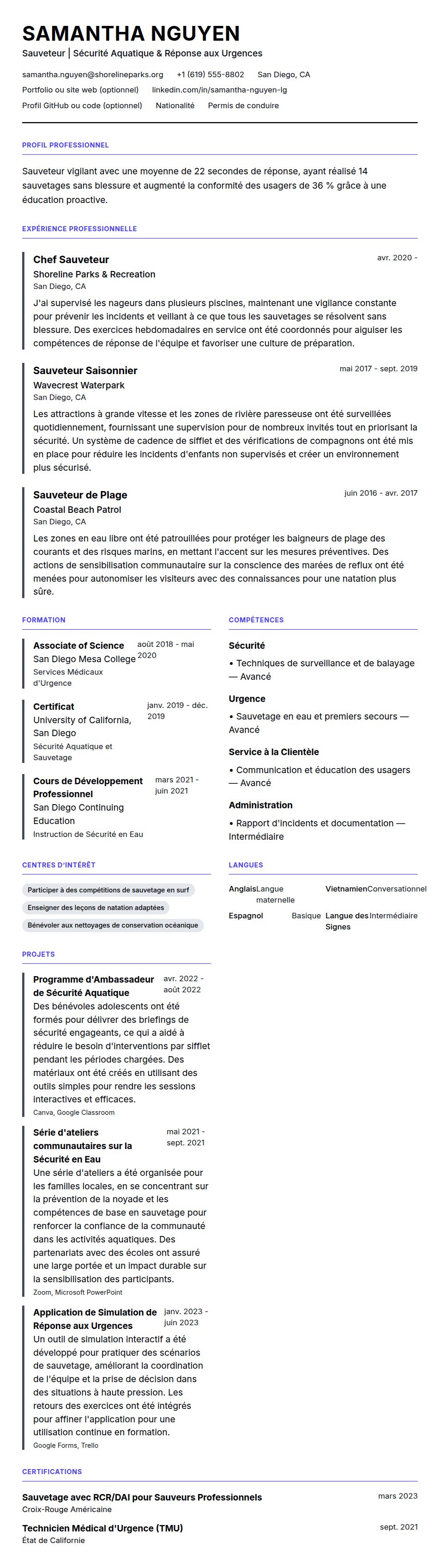 Aperçu du CV Exemple de CV de Sauveteur