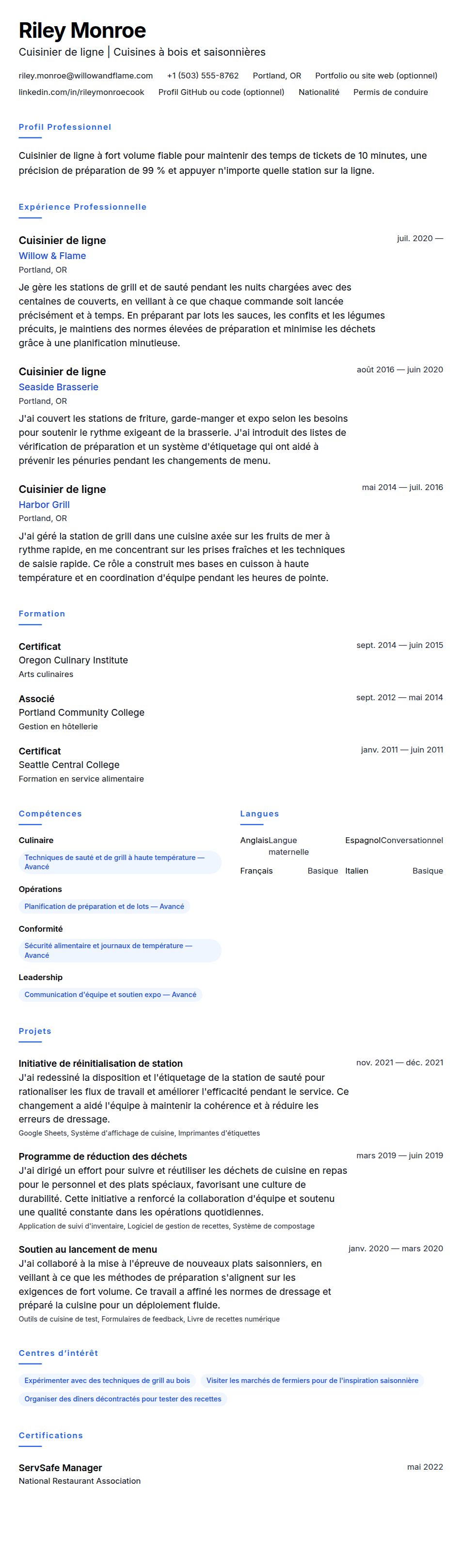 Aperçu du CV Exemple de CV de Cuisinier de ligne