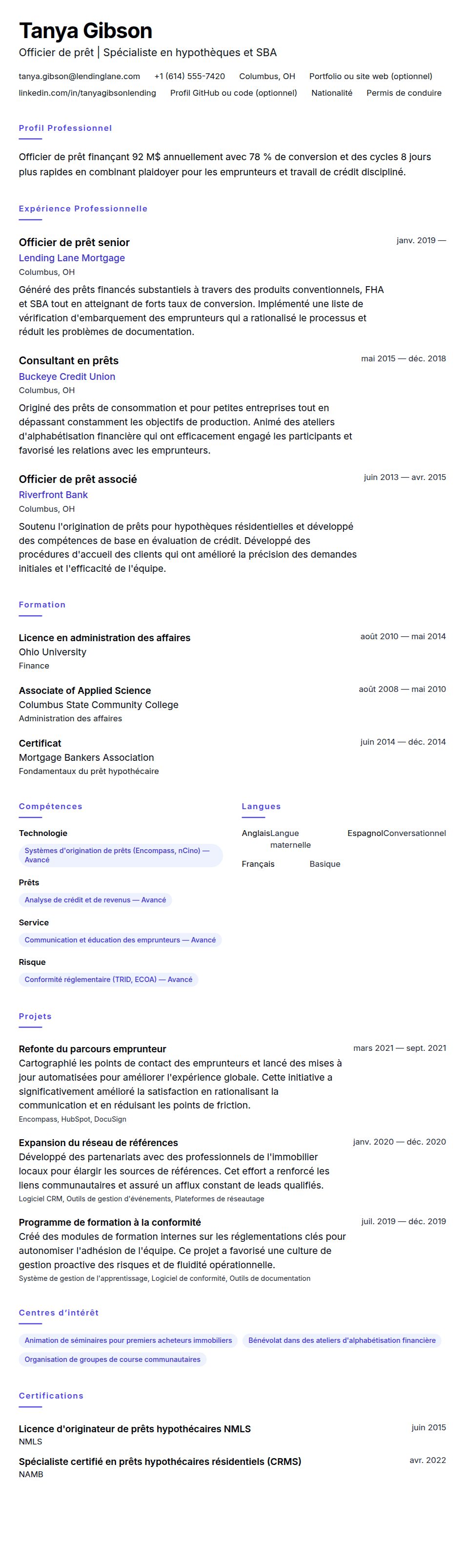 Exemple de CV d'Officier de prêt