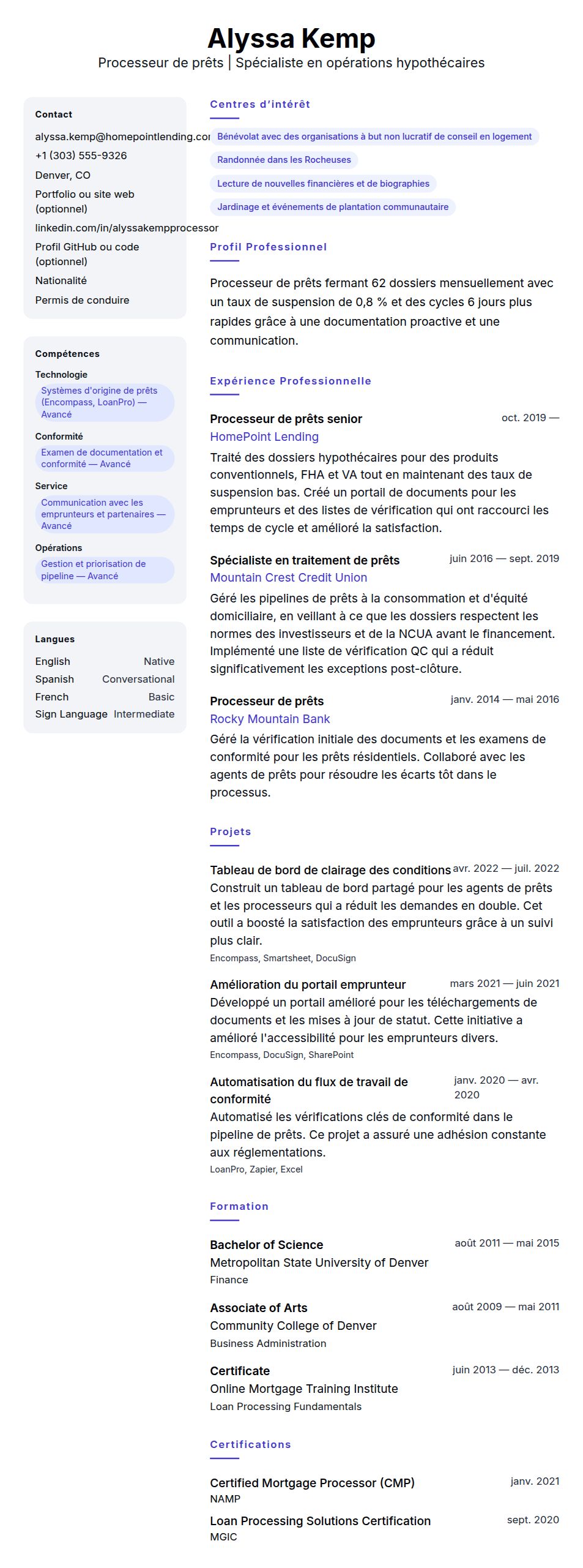 Exemple de CV de Processeur de prêts