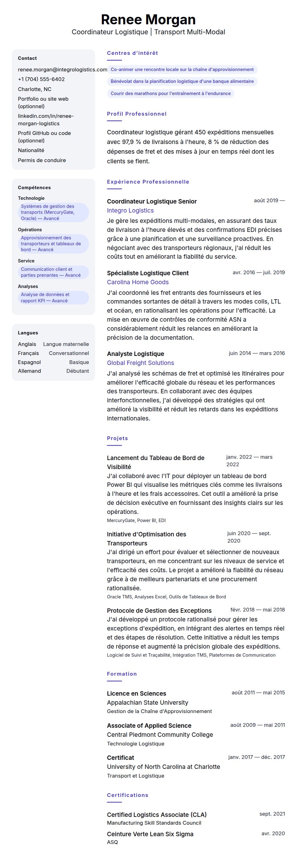 Aperçu du CV Exemple de CV de Coordinateur Logistique