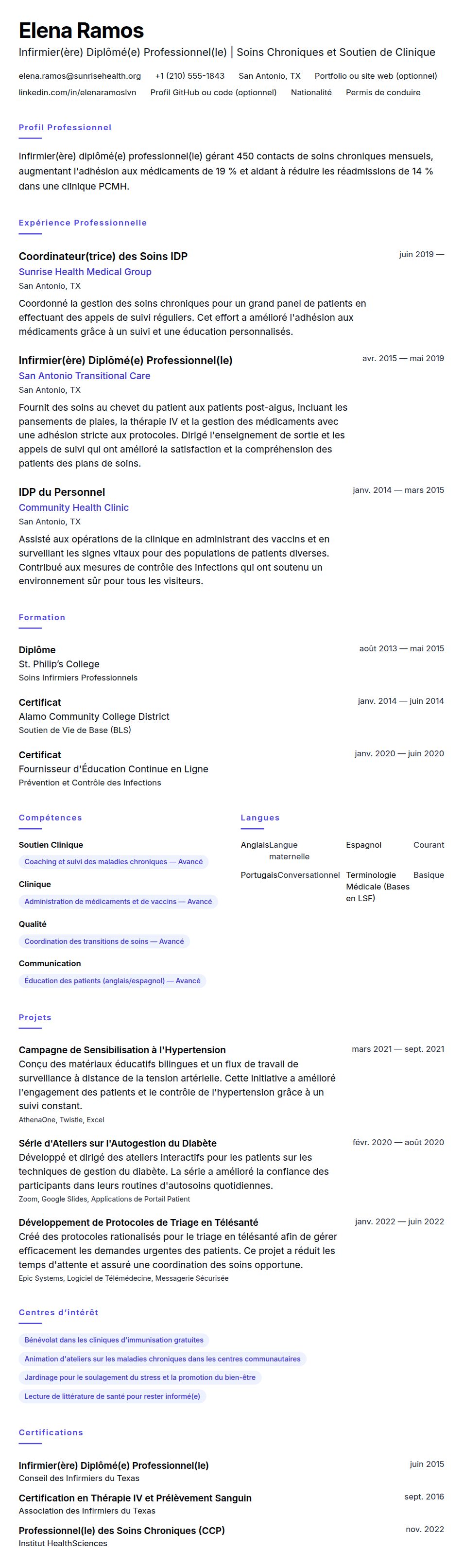 Aperçu du CV Exemple de CV d'Infirmier(ère) Diplômé(e) Professionnel(le) (IDP)