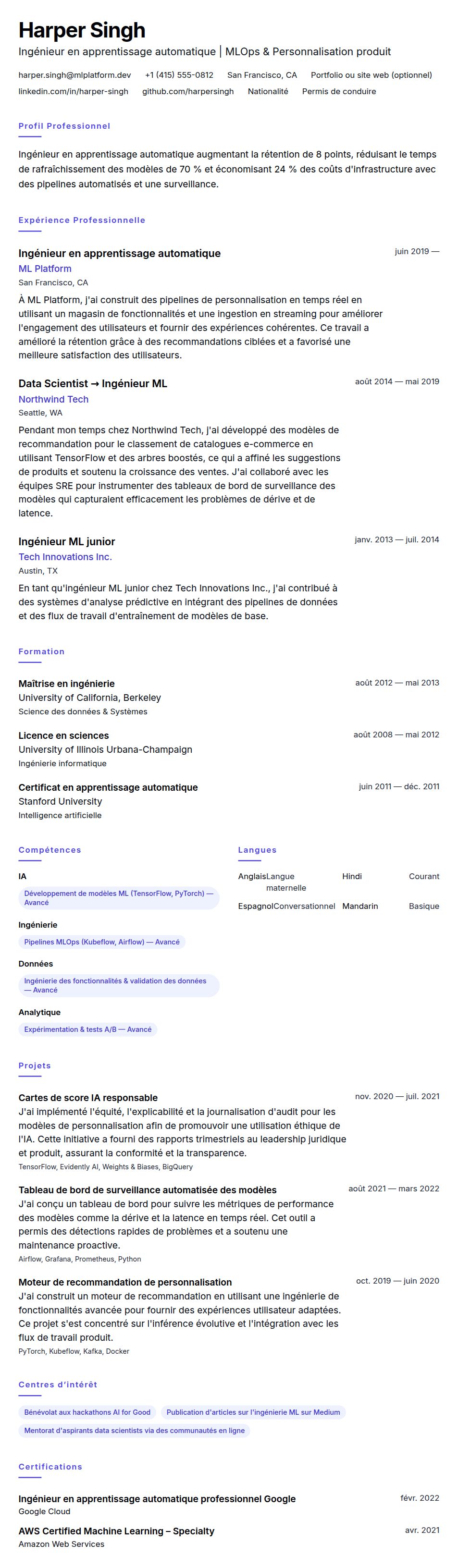 Aperçu du CV Exemple de CV d'ingénieur en apprentissage automatique