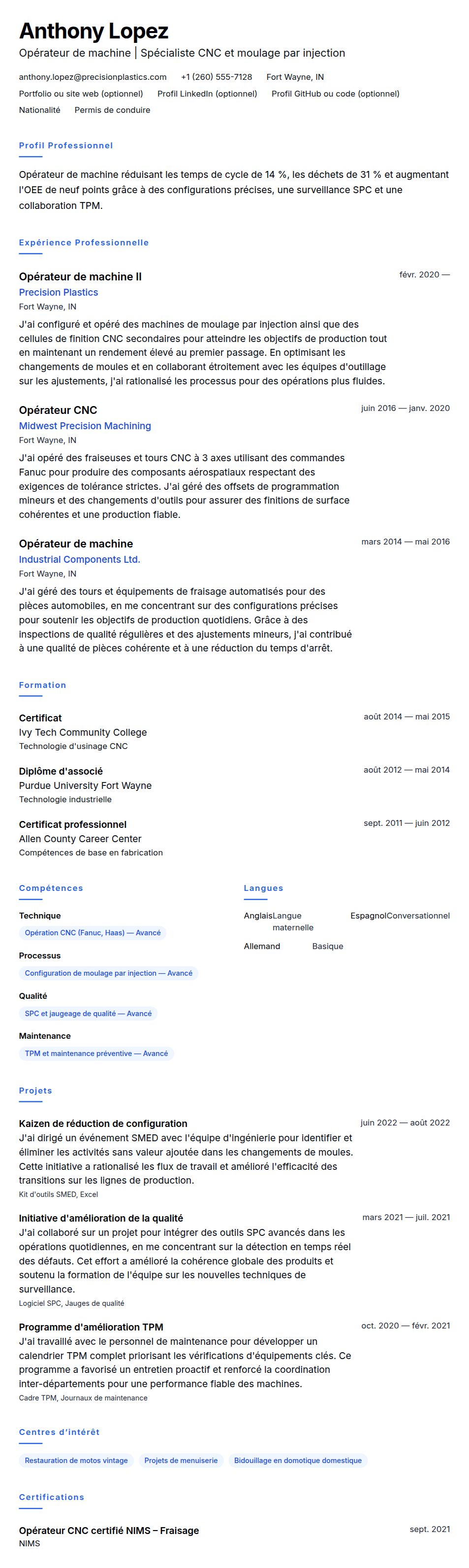 Aperçu du CV Exemple de CV d'opérateur de machine