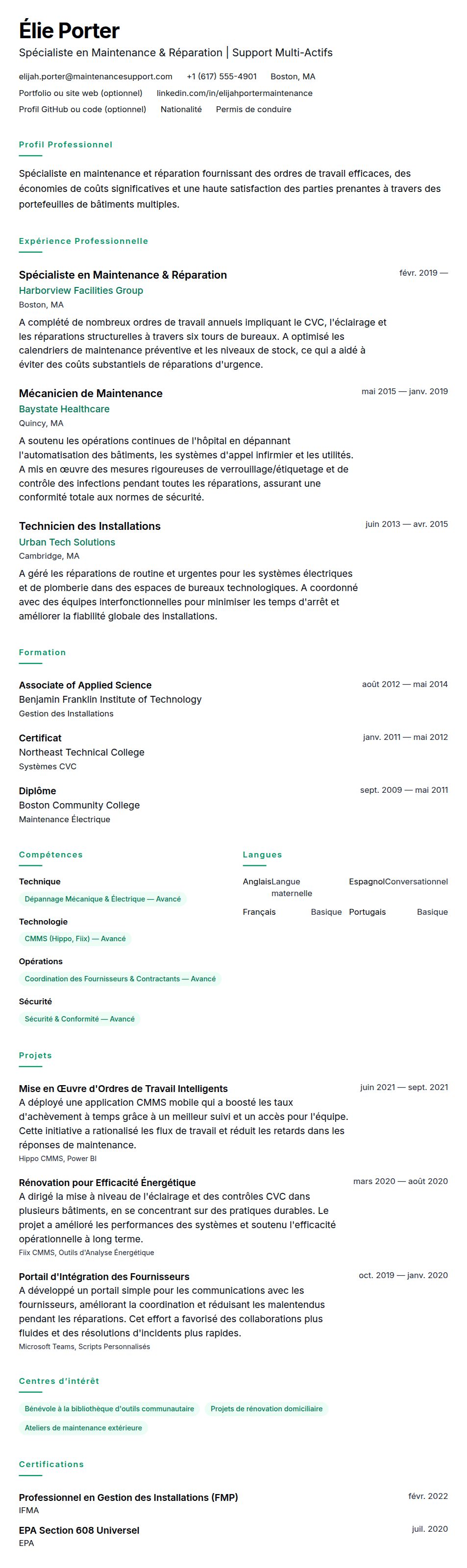 Aperçu du CV Exemple de CV Maintenance & Réparation