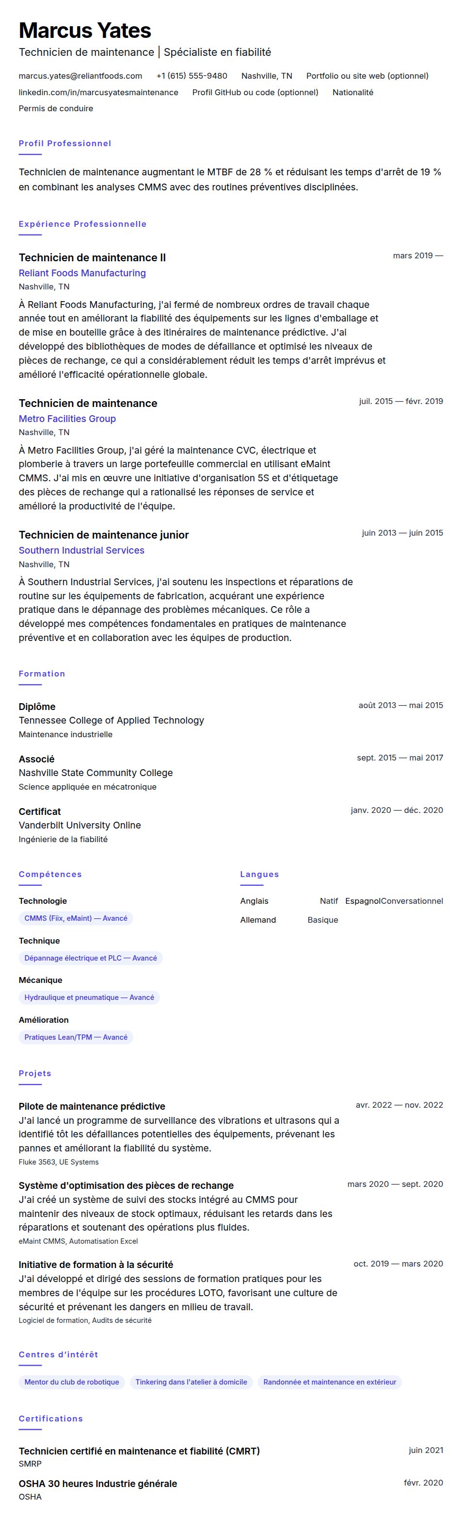 Aperçu du CV Exemple de CV de Technicien de maintenance