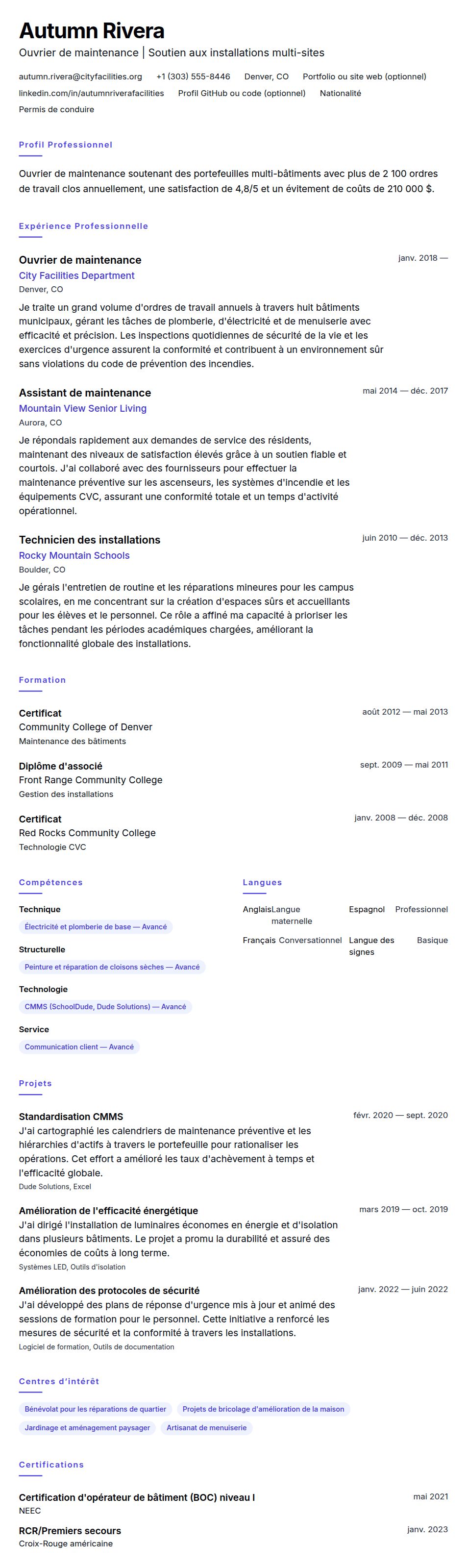 Aperçu du CV Exemple de CV d'ouvrier de maintenance