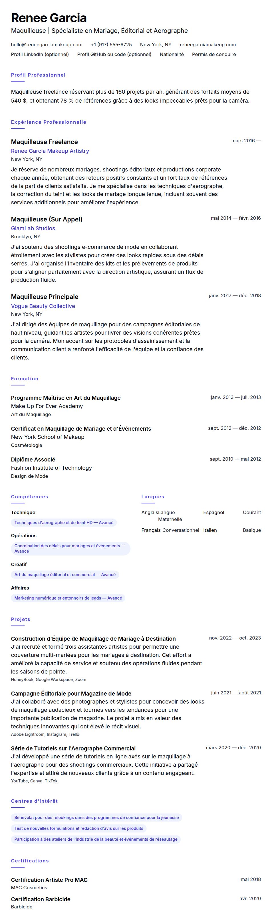 Aperçu du CV Exemple de CV de Maquilleuse