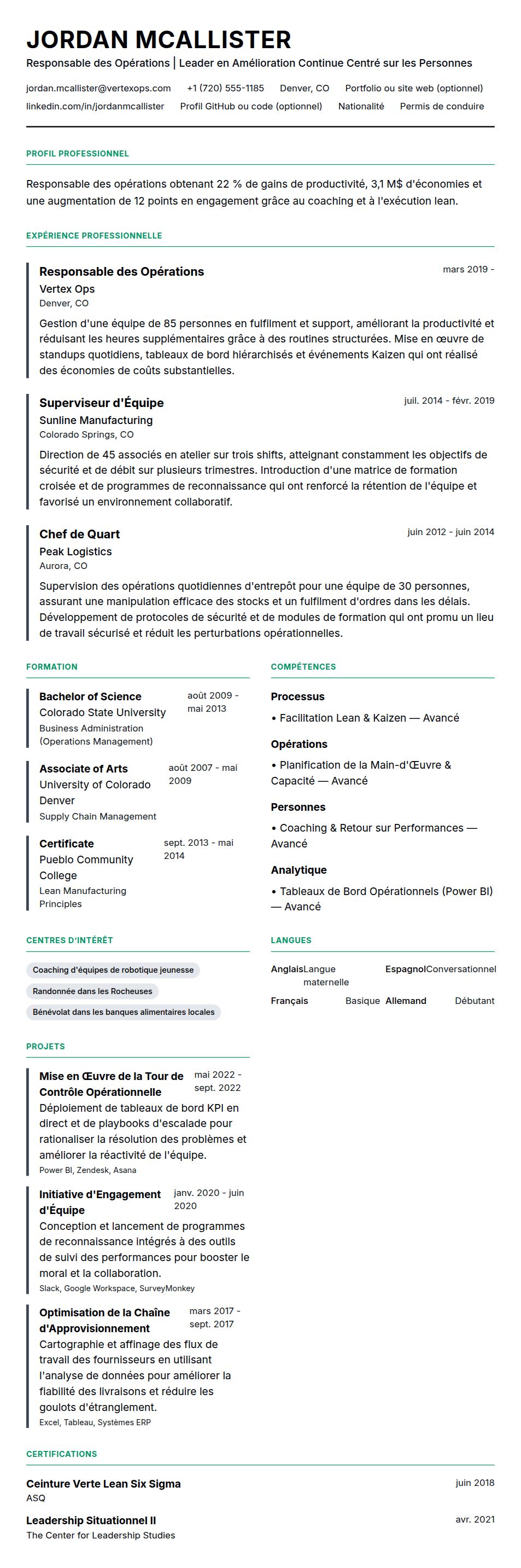 Aperçu du CV Exemple de CV de Responsable des Opérations