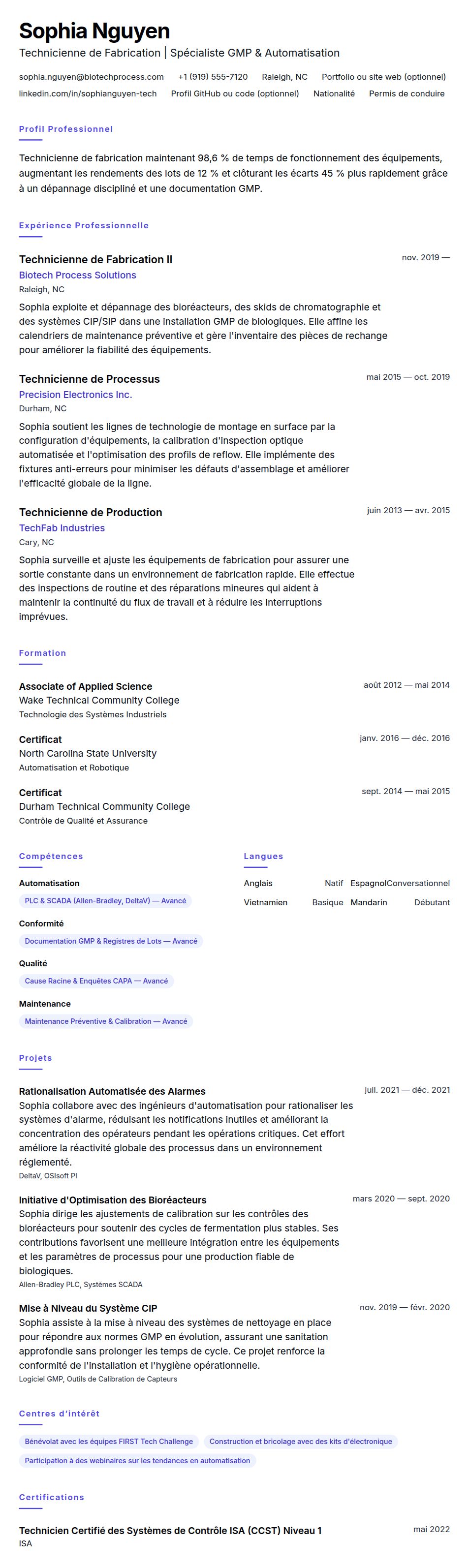 Exemple de CV de Technicien de Fabrication