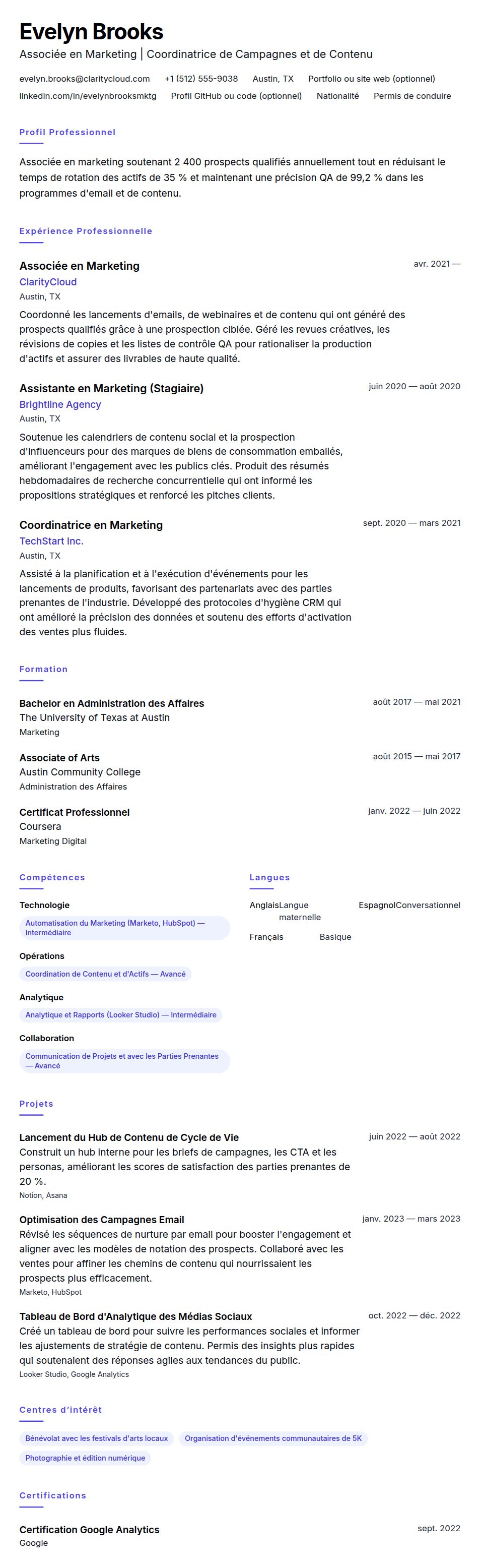 Exemple de CV d'Associé en Marketing