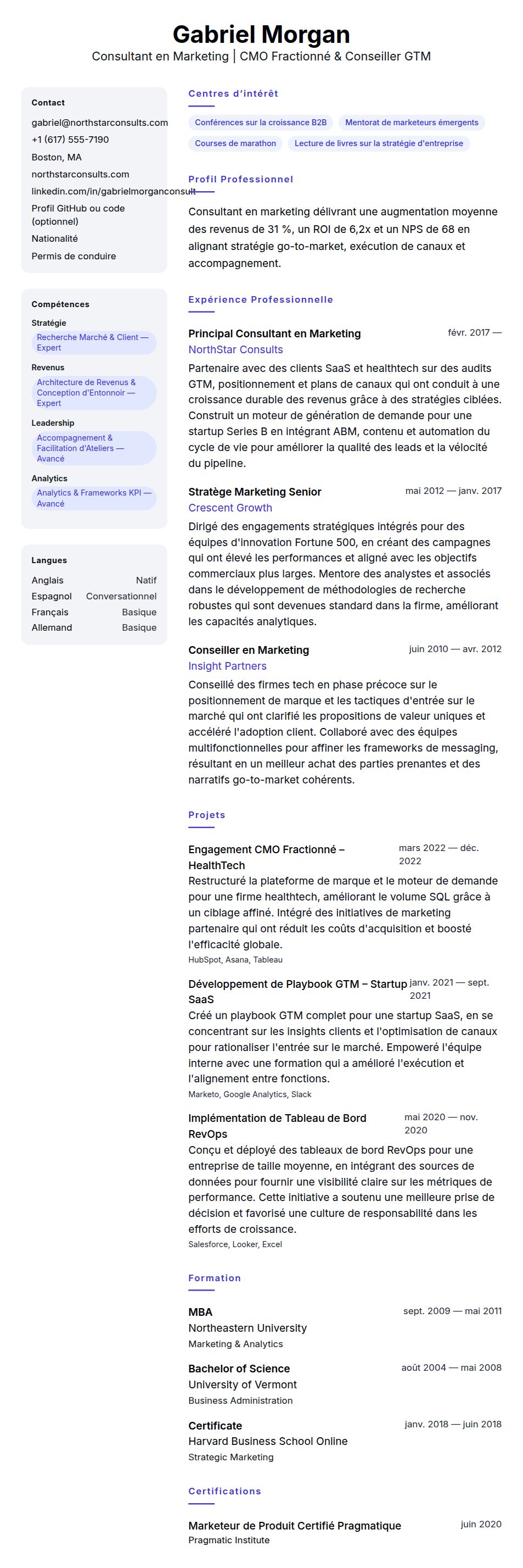 Aperçu du CV Exemple de CV de Consultant en Marketing
