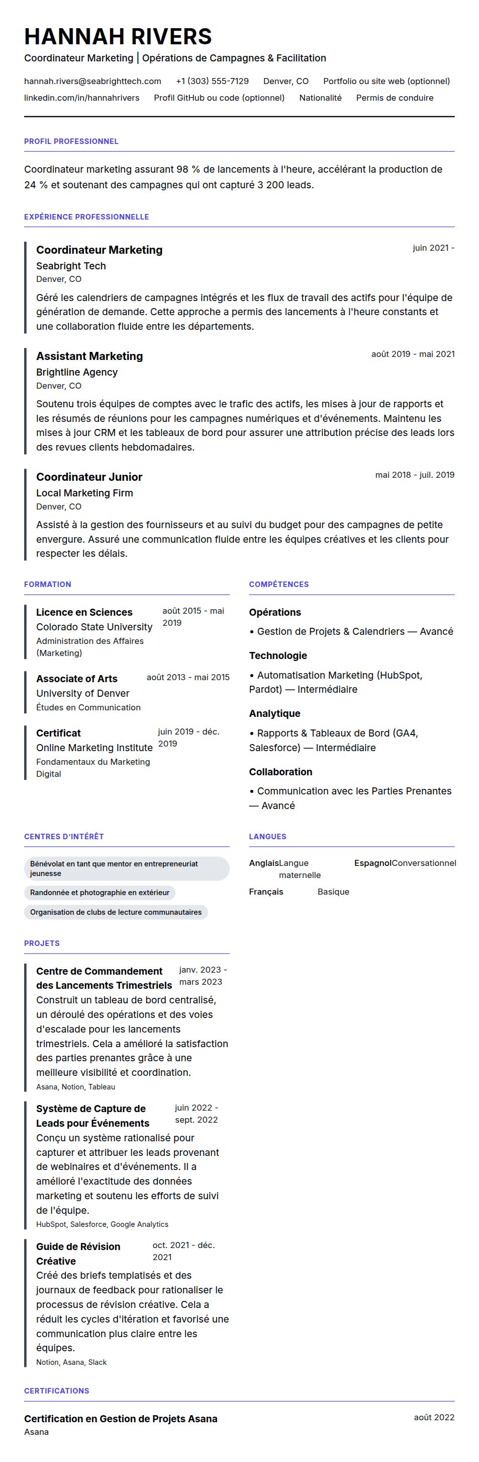 Aperçu du CV Exemple de CV pour Coordinateur Marketing
