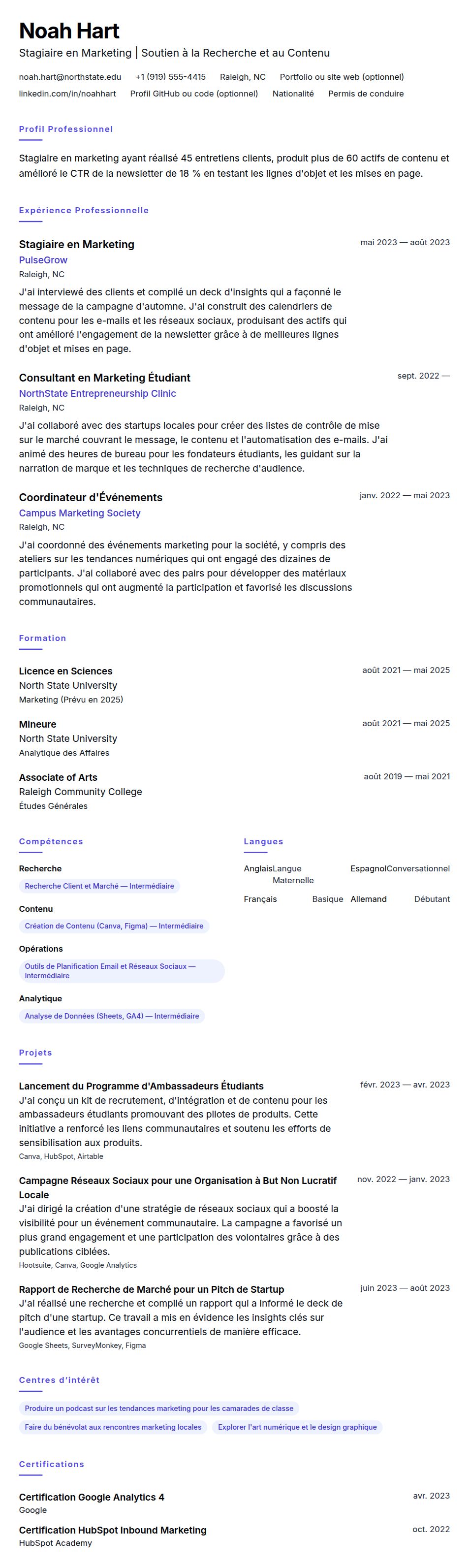 Aperçu du CV Exemple de CV pour Stagiaire en Marketing