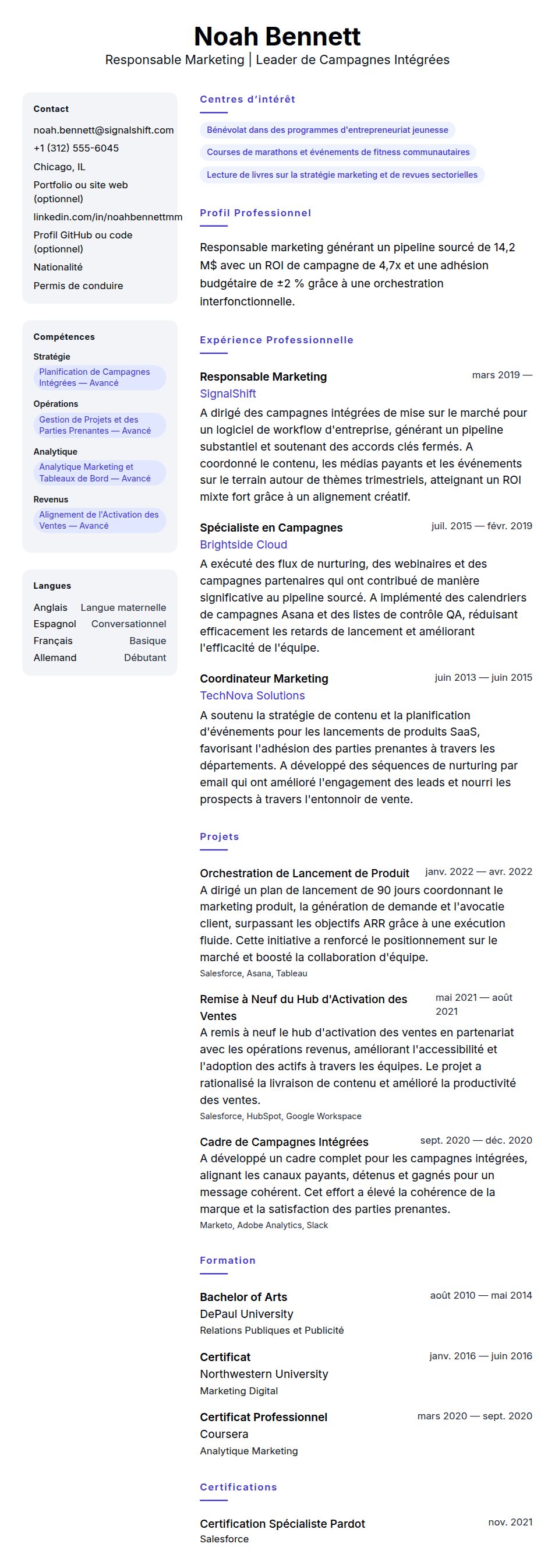 Aperçu du CV Exemple de CV de Responsable Marketing