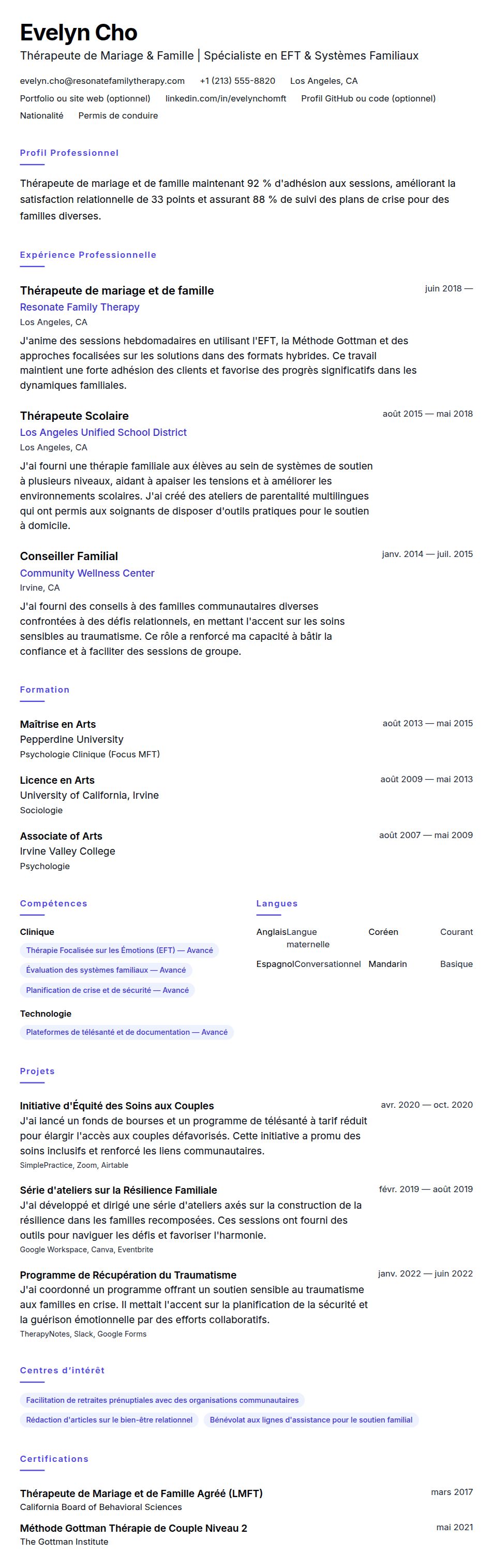 Aperçu du CV Exemple de CV de Thérapeute de mariage et de famille