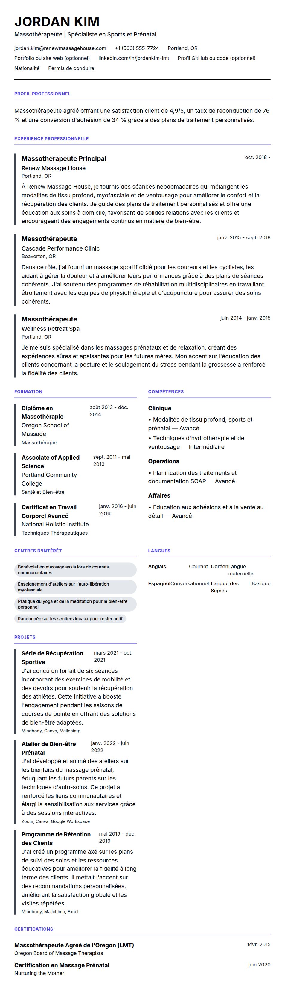 Exemple de CV de Massothérapeute