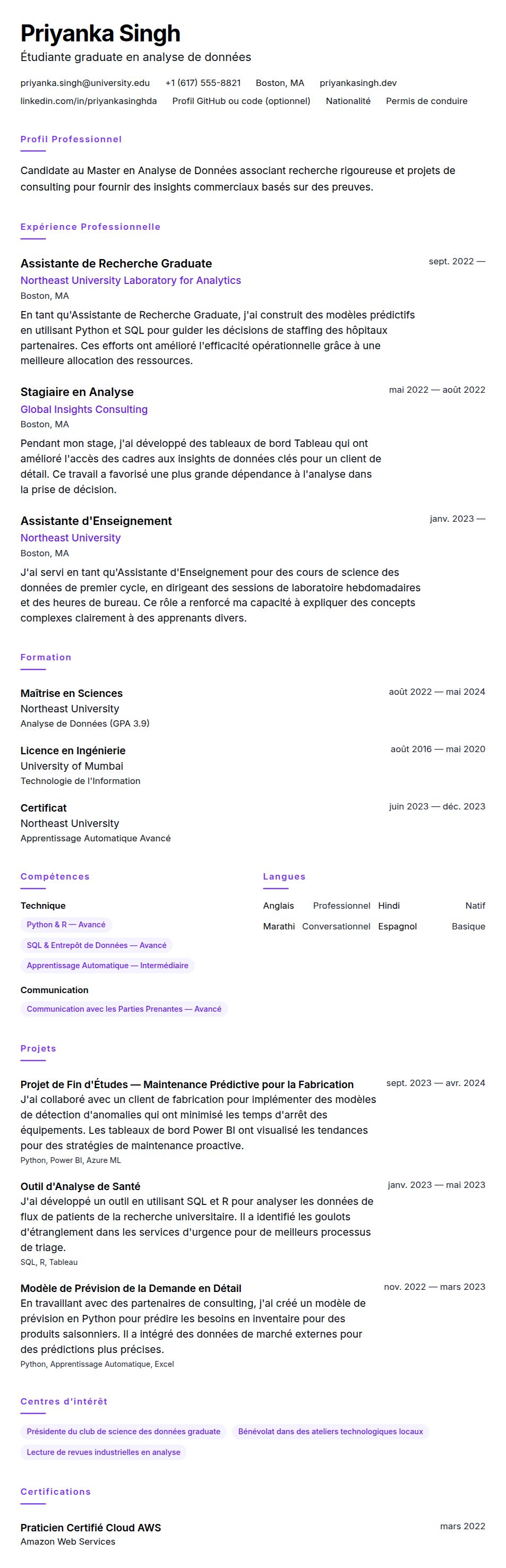 Aperçu du CV Exemple de CV pour étudiant en master