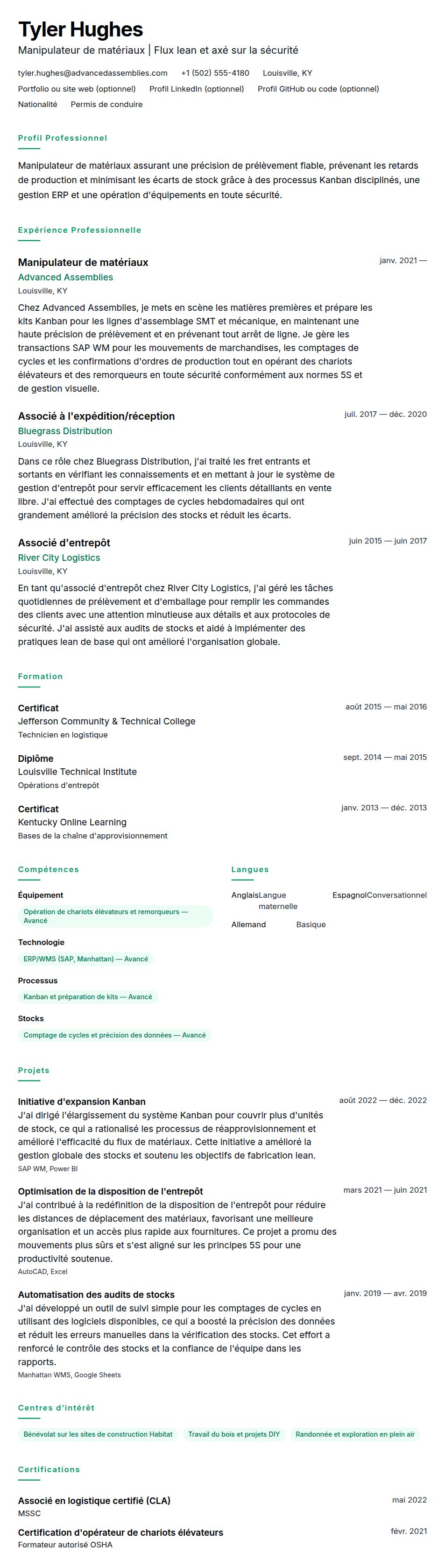 Aperçu du CV Exemple de CV de Manipulateur de matériaux