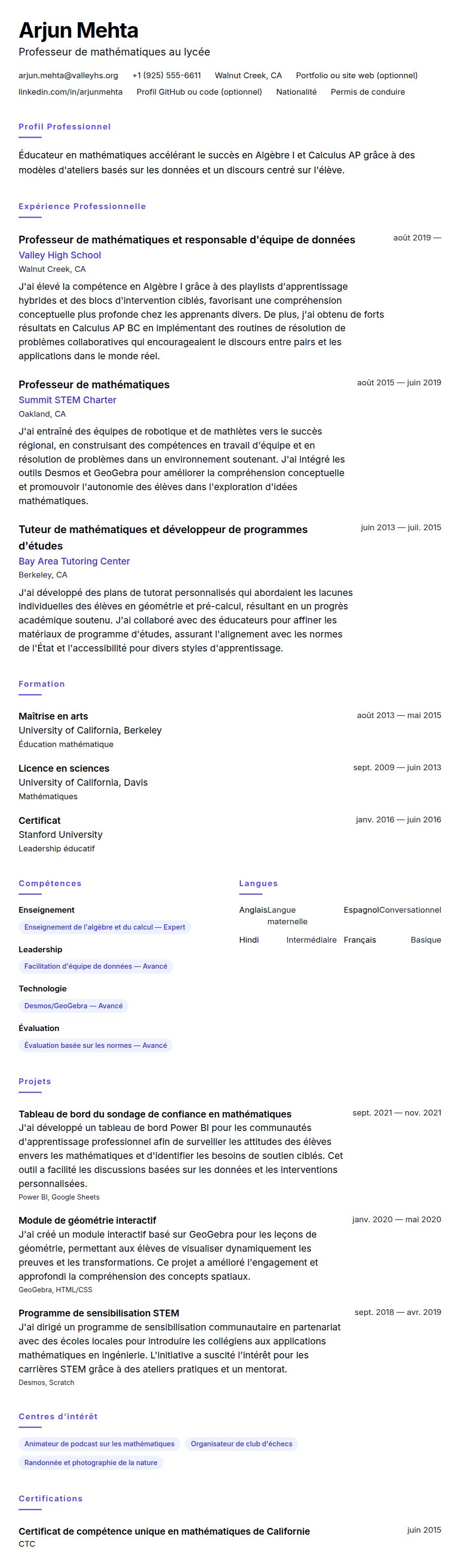 Exemple de CV pour professeur de mathématiques