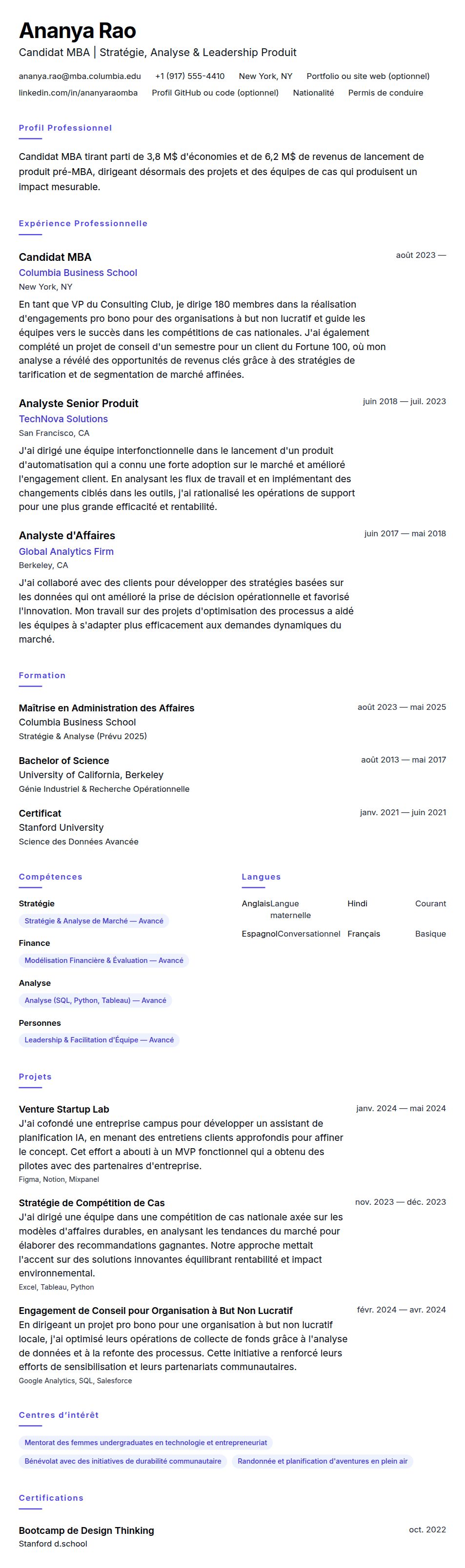 Aperçu du CV Exemple de CV pour Candidat MBA