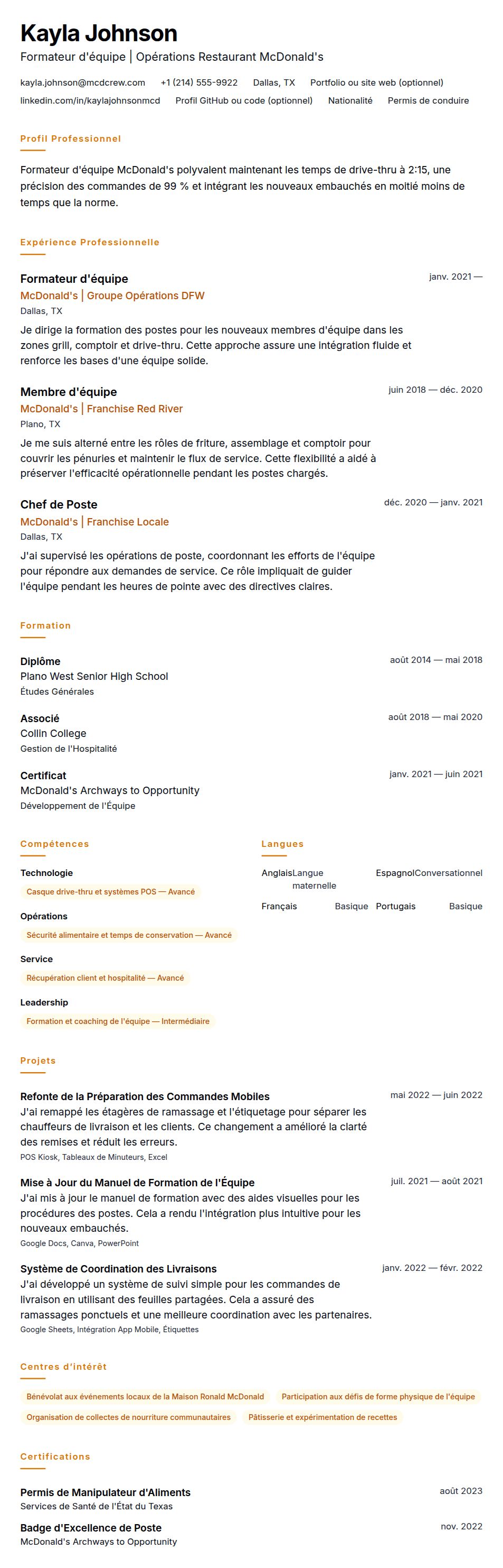 Aperçu du CV Exemple de CV pour Membre d'équipe McDonald's