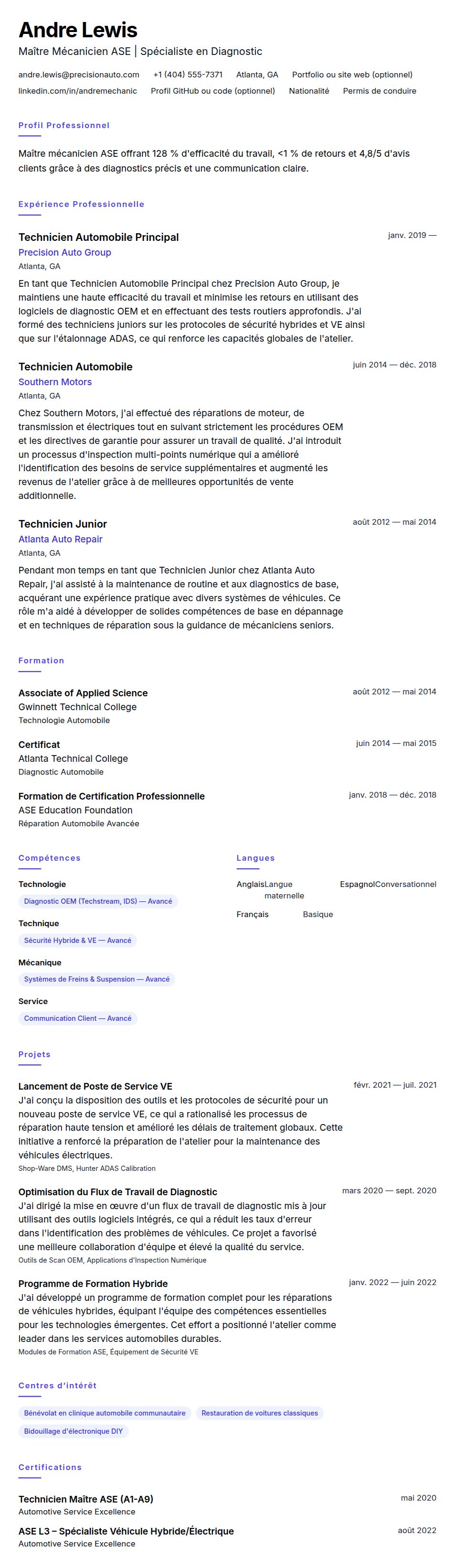 Aperçu du CV Exemple de CV de Mécanicien
