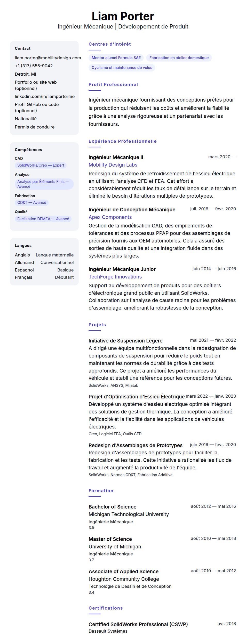 Exemple de CV d'Ingénieur Mécanique