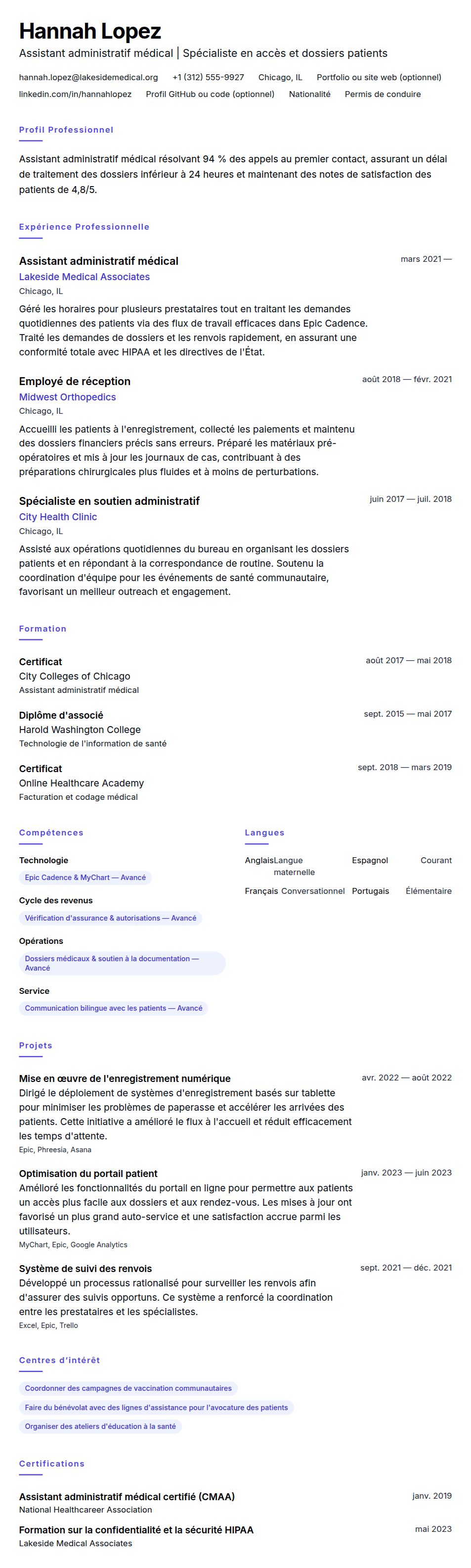Aperçu du CV Exemple de CV d'Assistant administratif médical
