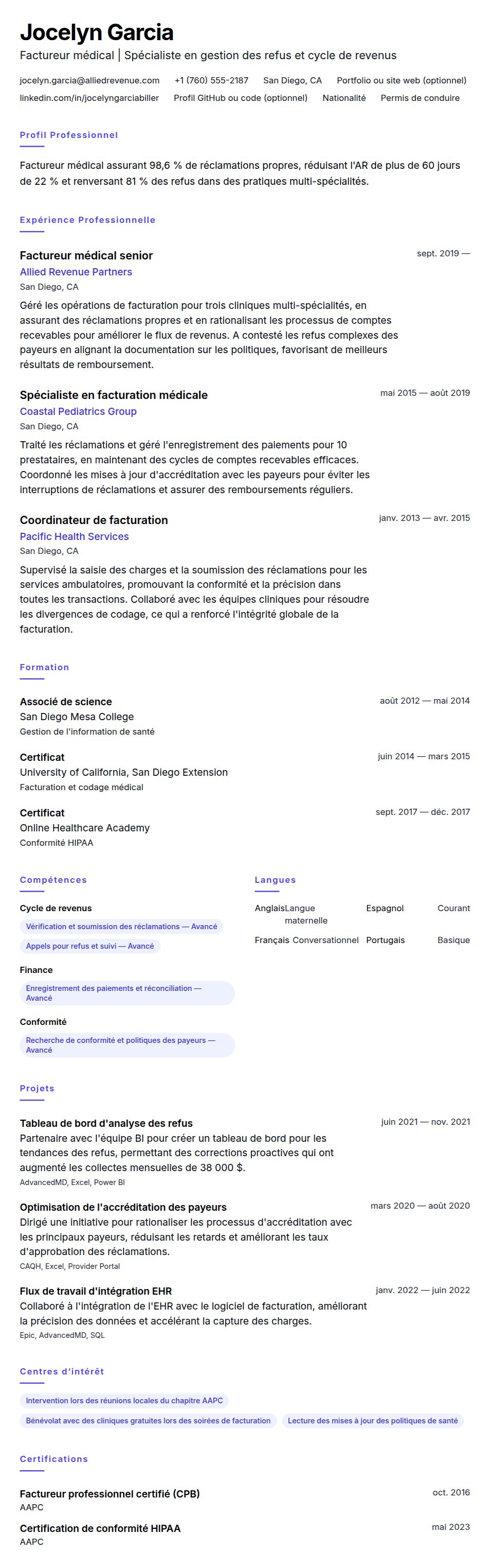 Aperçu du CV Exemple de CV de factureur médical