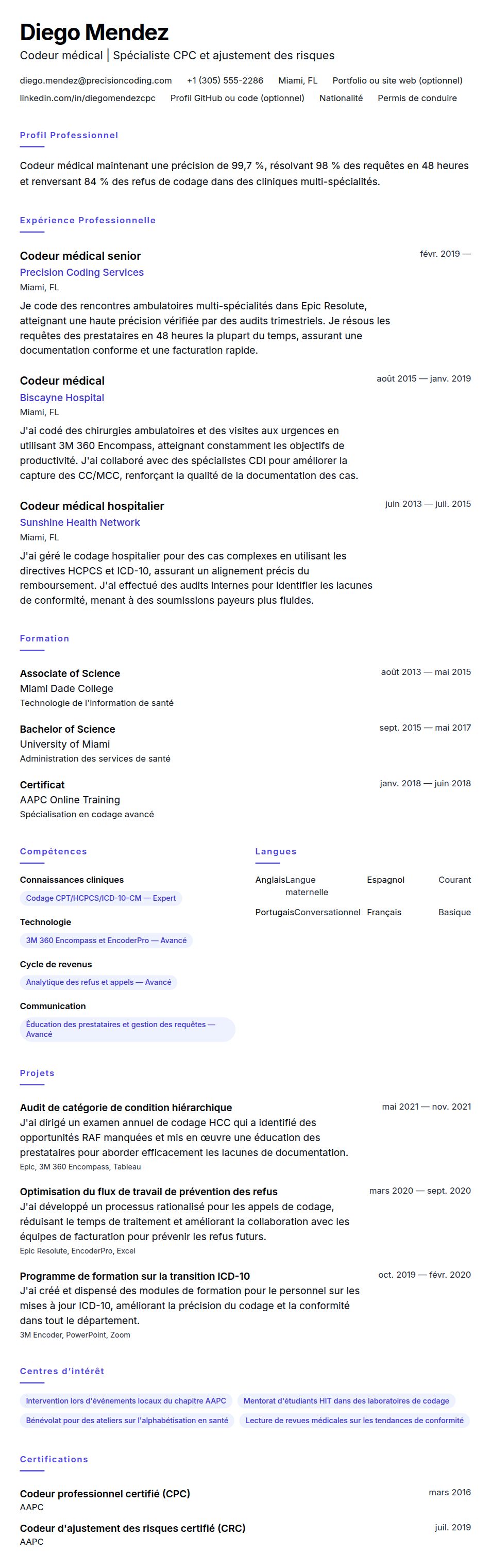 Aperçu du CV Exemple de CV de codeur médical