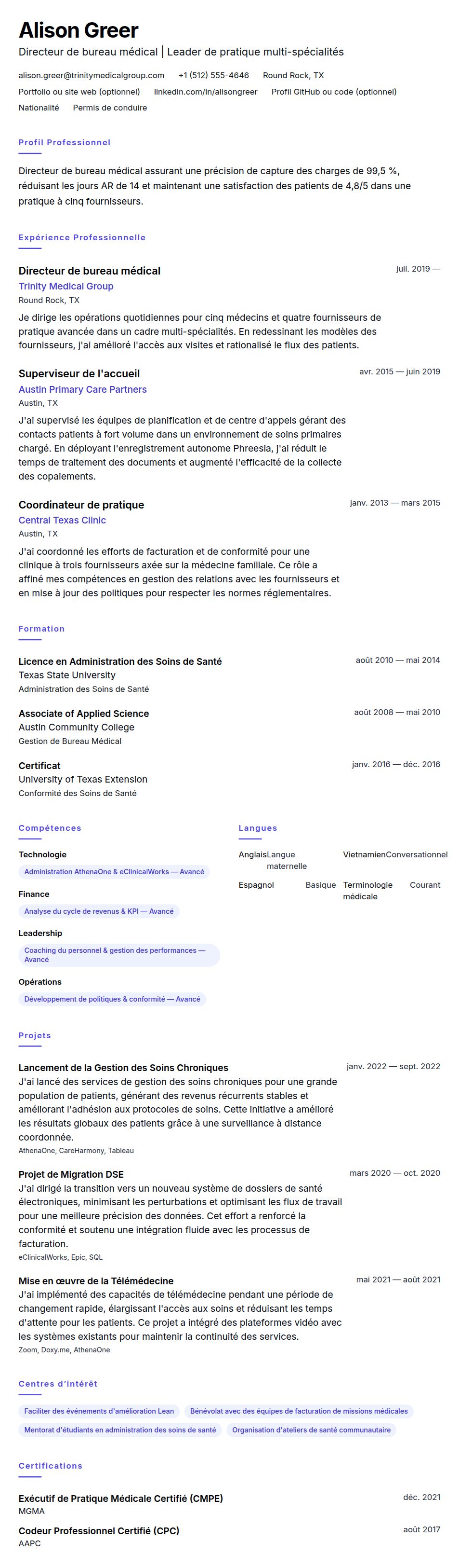 Aperçu du CV Exemple de CV de Directeur de bureau médical