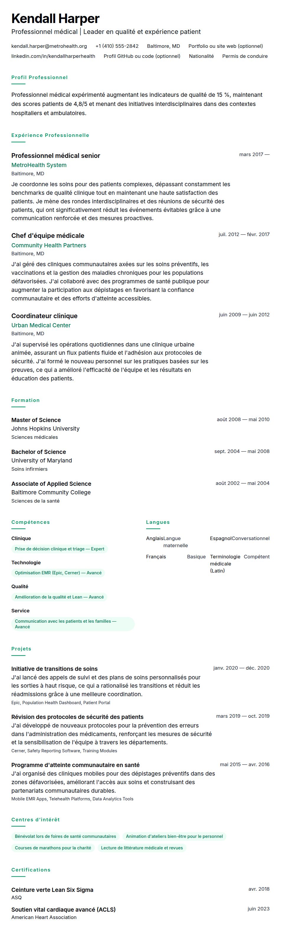 Aperçu du CV Exemple de CV pour professionnel médical