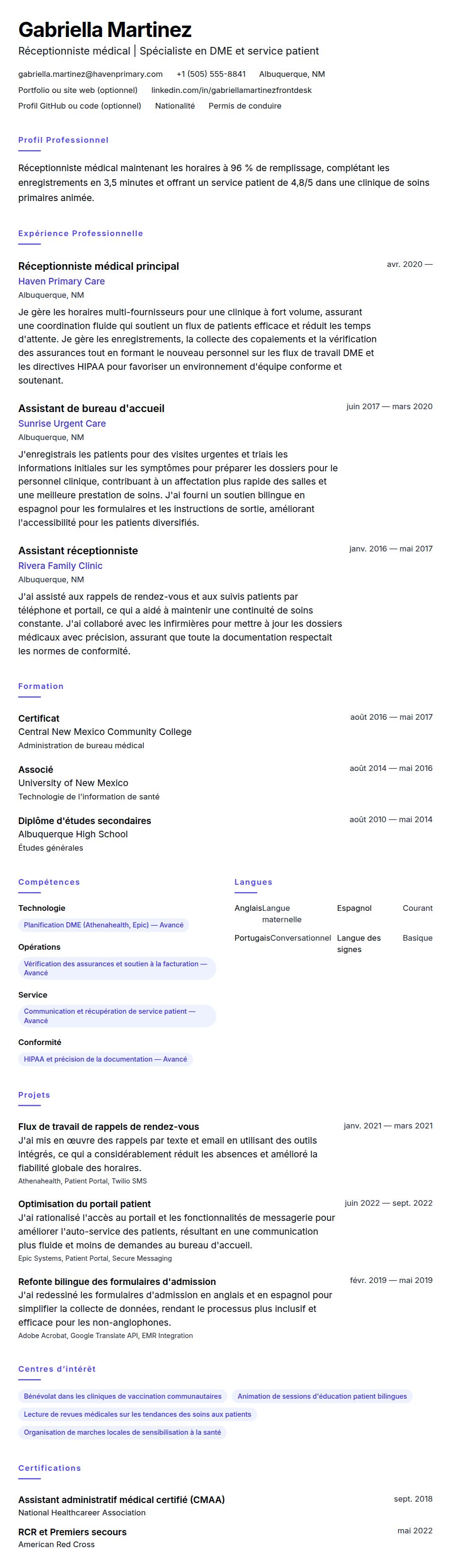 Aperçu du CV Exemple de CV de réceptionniste médical