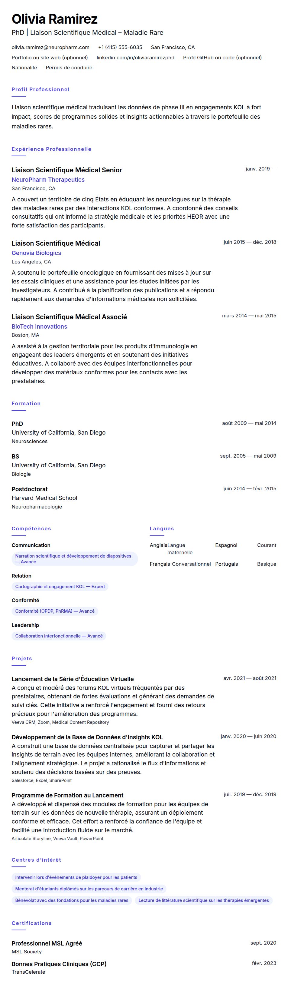 Aperçu du CV Exemple de CV de Liaison Scientifique Médical