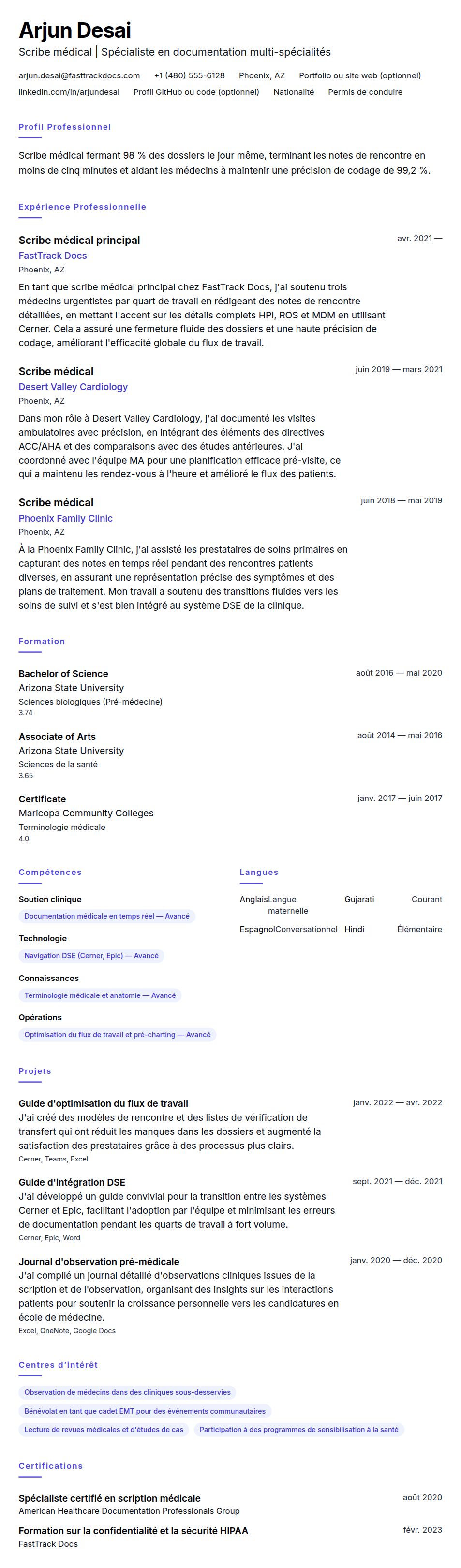 Aperçu du CV Exemple de CV de Scribe Médical