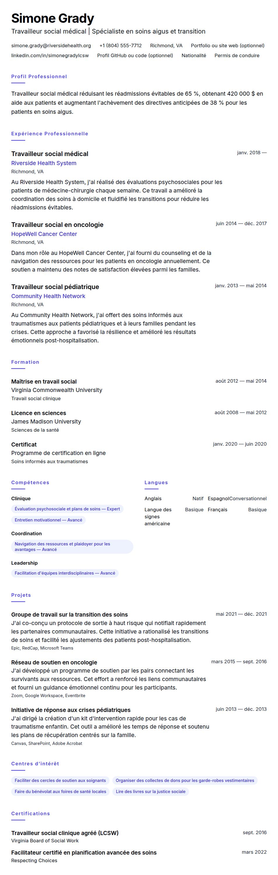 Aperçu du CV Exemple de CV de travailleur social médical