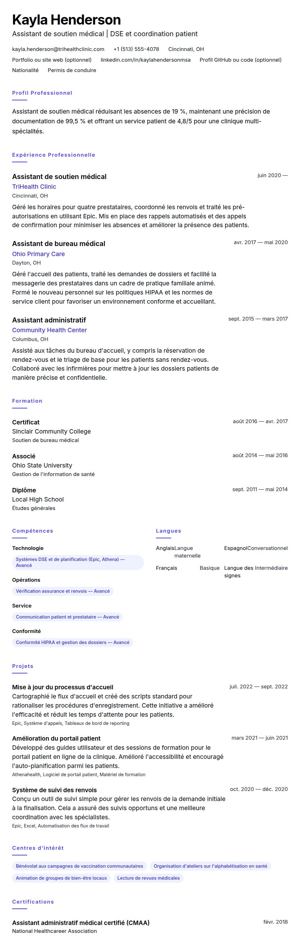 Aperçu du CV Exemple de CV d'Assistant de soutien médical