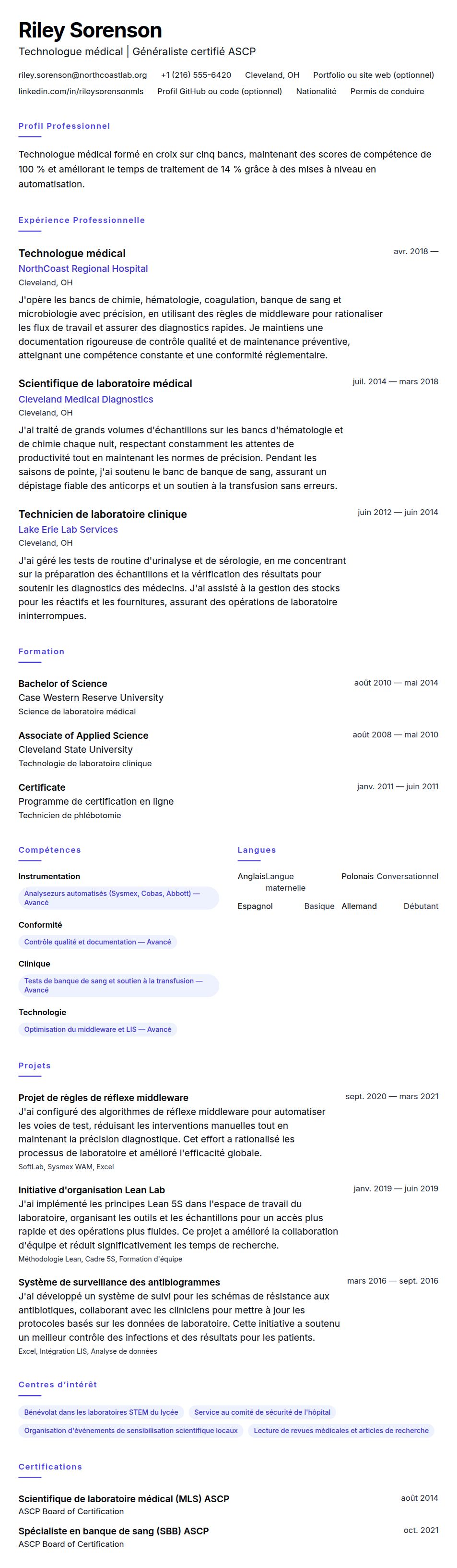 Aperçu du CV Exemple de CV de Technologue médical