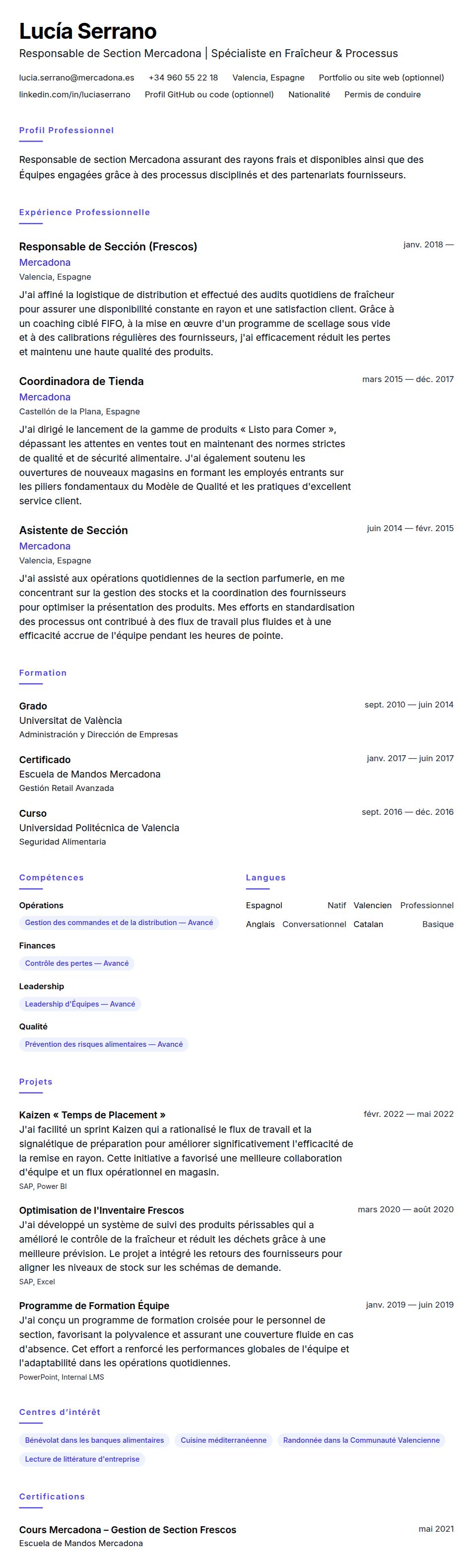 Exemple de CV de Responsable de Section Mercadona