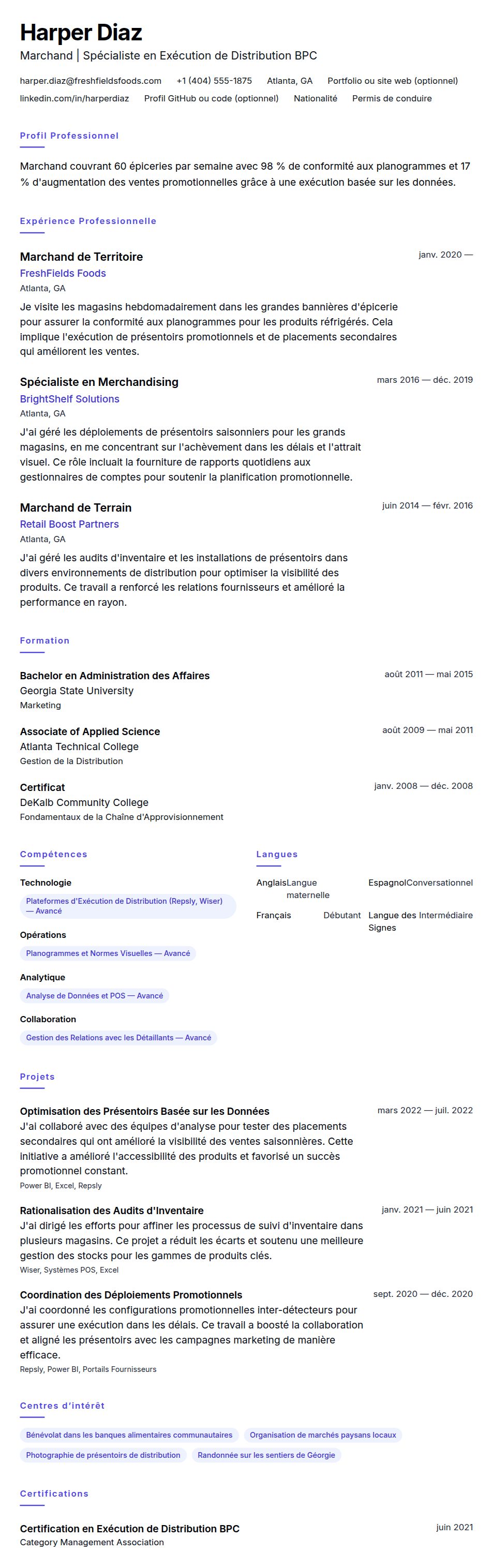 Aperçu du CV Exemple de CV de Marchand