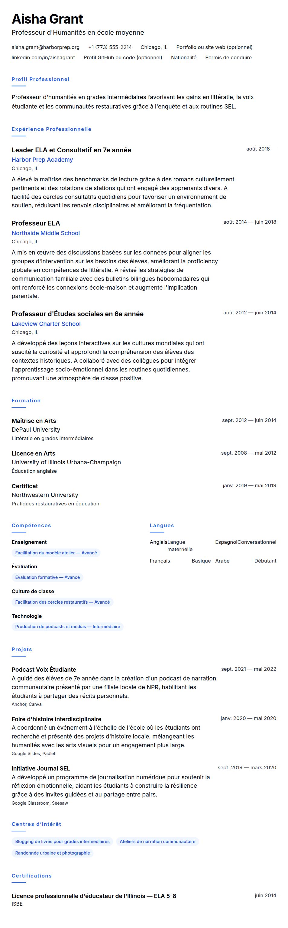 Aperçu du CV Exemple de CV pour Professeur d'école moyenne