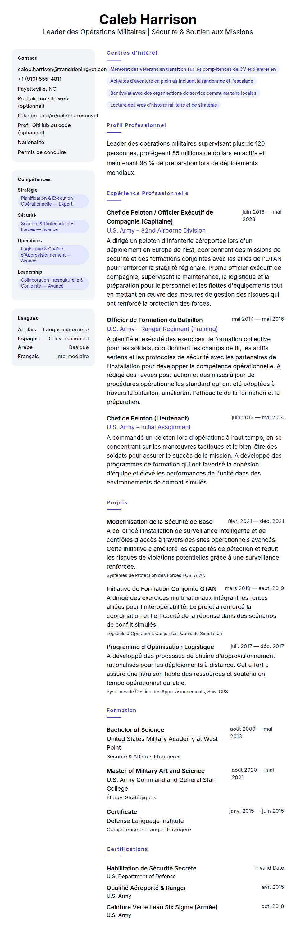 Exemple de CV pour Membre du Service Militaire