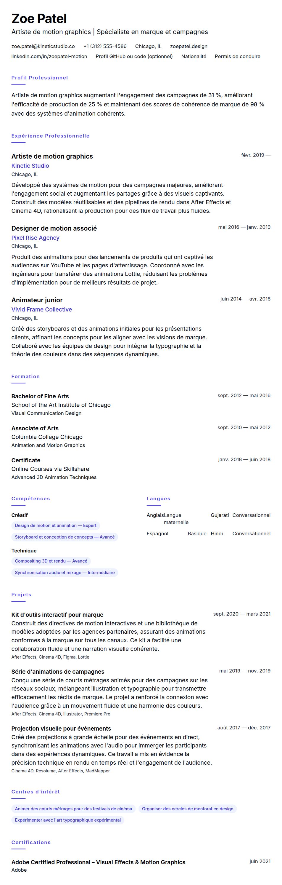 Aperçu du CV Exemple de CV pour Artiste de motion graphics