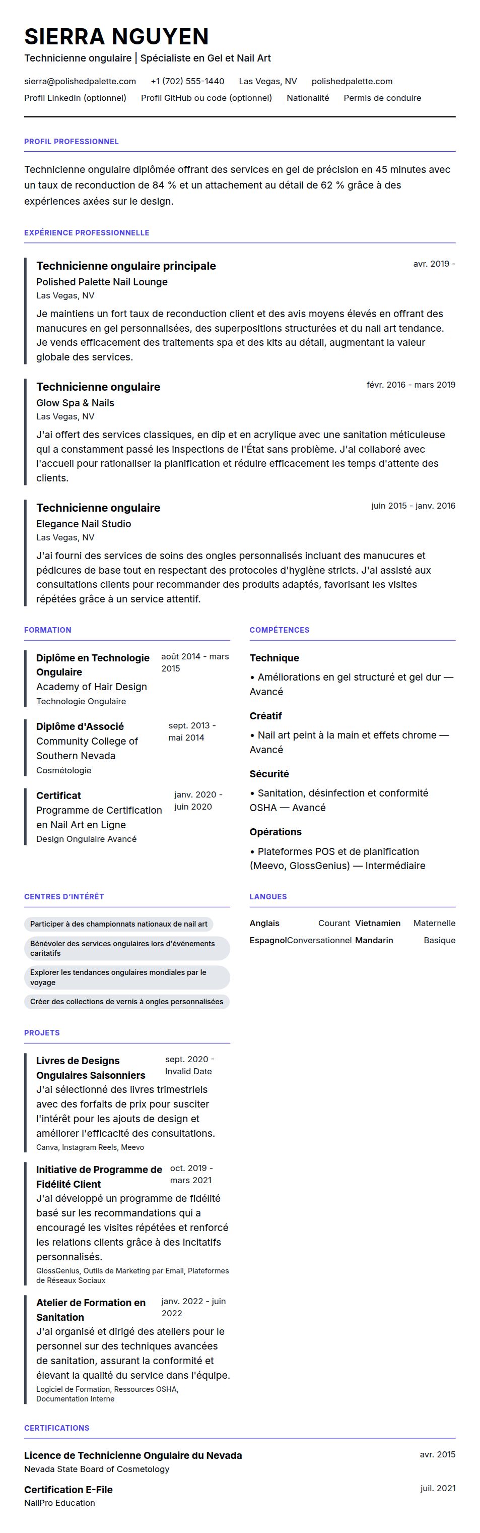 Aperçu du CV Exemple de CV de Technicienne ongulaire