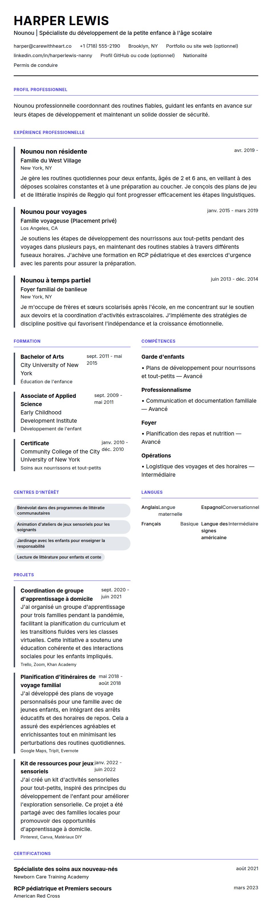 Aperçu du CV Exemple de CV de Nounou