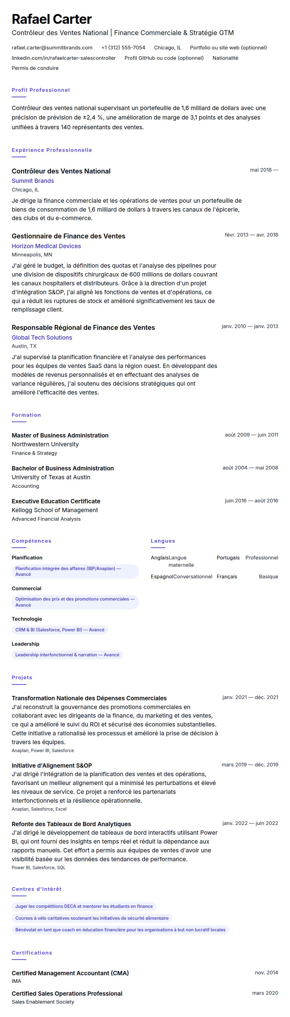 Aperçu du CV Exemple de CV de Contrôleur des Ventes National