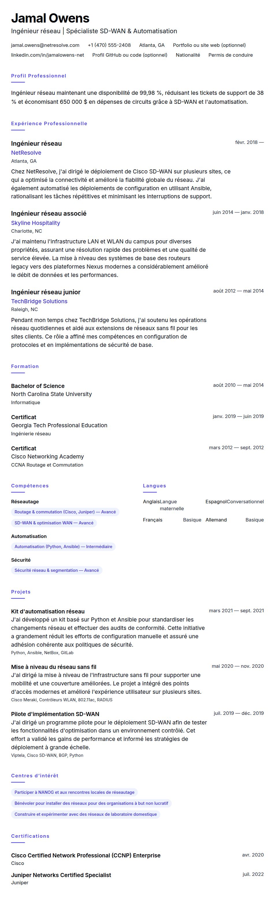 Aperçu du CV Exemple de CV d'Ingénieur réseau