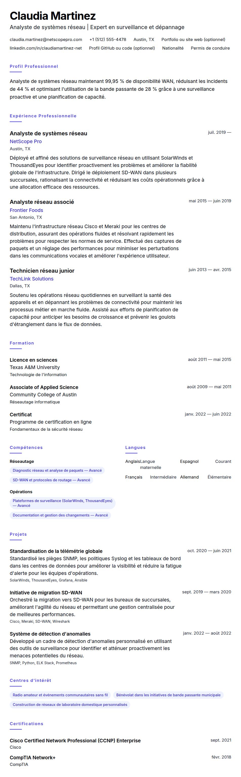 Aperçu du CV Exemple de CV d'analyste de systèmes réseau