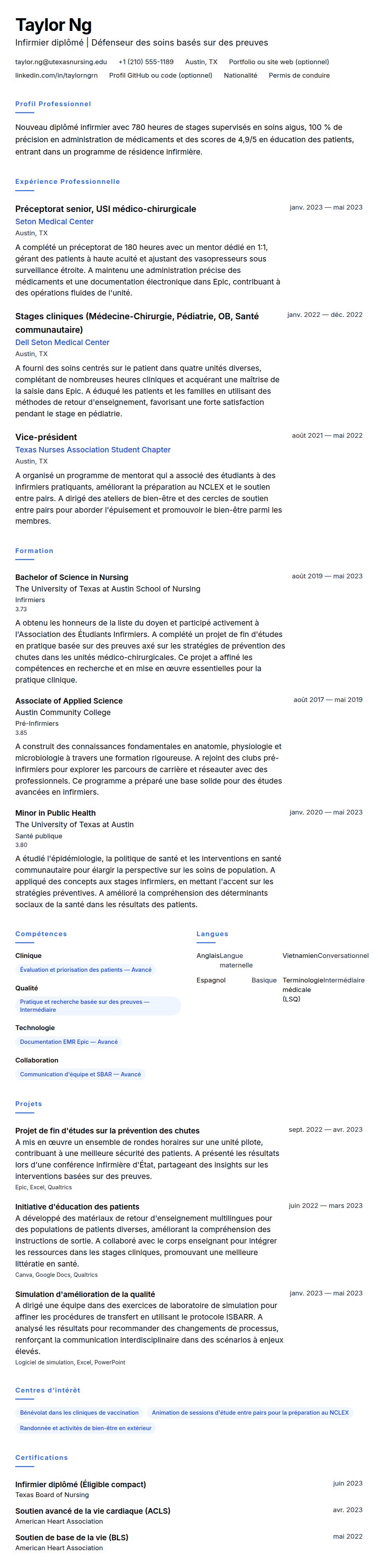 Aperçu du CV Exemple de CV pour un nouveau diplômé infirmier